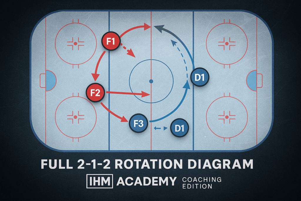 Tactical diagram of the 2-1-2 forecheck system in ice hockey, showing F1 and F2 pressure, F3 coverage, and D1/D2 rotations - IHM Academy Coaching Edition by Coach Mark Lehtonen.