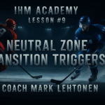 Cinematic hockey banner showing a neutral-zone turnover exploding into counter-attack, with metallic title IHM Academy - Lesson #9