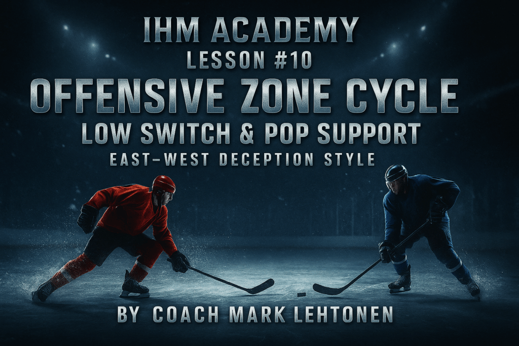 Cinematic hockey banner of an east-west deceptive cycle with metallic IHM Academy Lesson #10 title