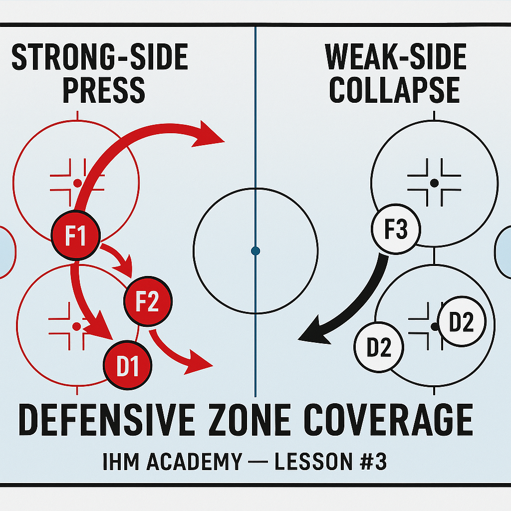 Hockey defensive diagram showing strong-side pressure with F1 and D2, weak-side collapse from F3 and D1, and point denial from F2 in a structured D-zone system.