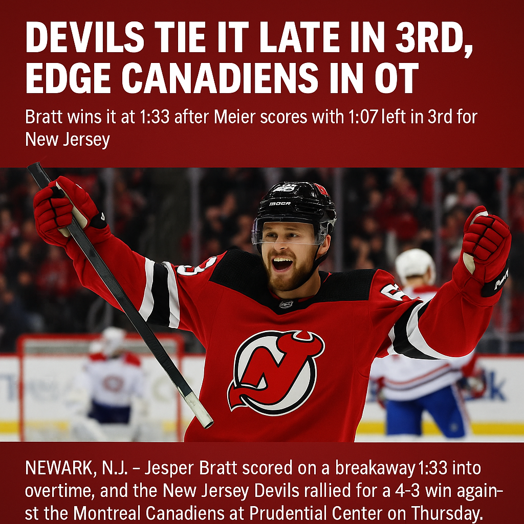 Devils rally late, defeat Canadiens 4-3 in OT to stay perfect at home | IHM News