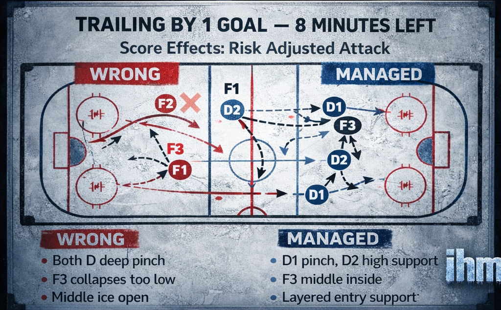 Hockey tactical board showing score effects and risk adjustment: trailing by one goal late, wrong vs managed positioning in the neutral zone.